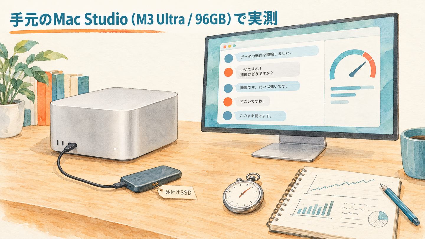 銀色の小型デスクトップに外付けSSDをつなぎ、画面の速度計とストップウォッチで計測している机のイラスト