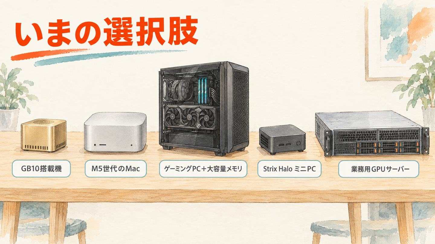 机の上に並んだ5種類のコンピュータのイラスト。GB10搭載機、M5世代のMac、ゲーミングPC＋大容量メモリ、Strix HaloミニPC、業務用GPUサーバー