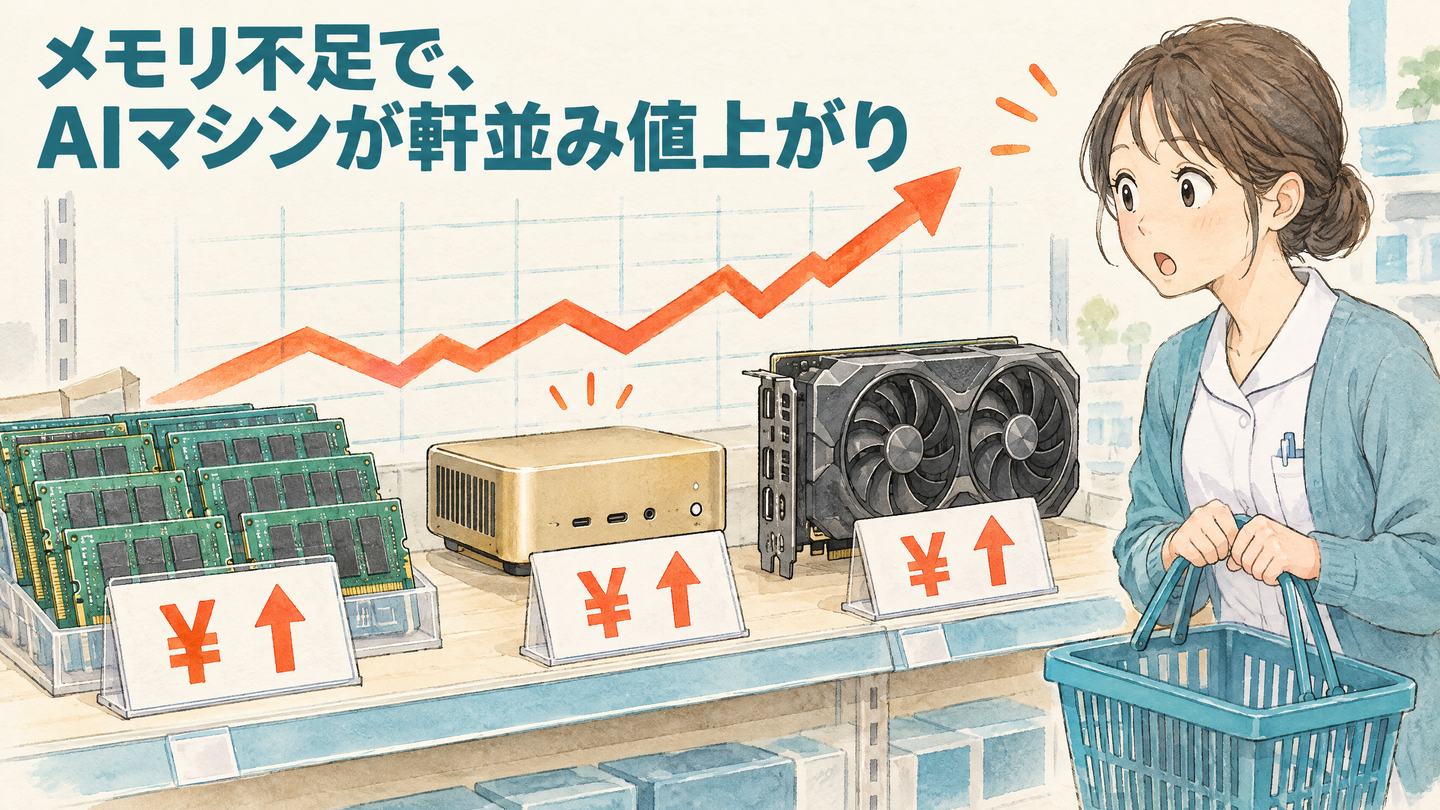 メモリ、小型のAIコンピュータ、GPUに値上がりの札が付き、右上がりの矢印を見て驚く職員のイラスト