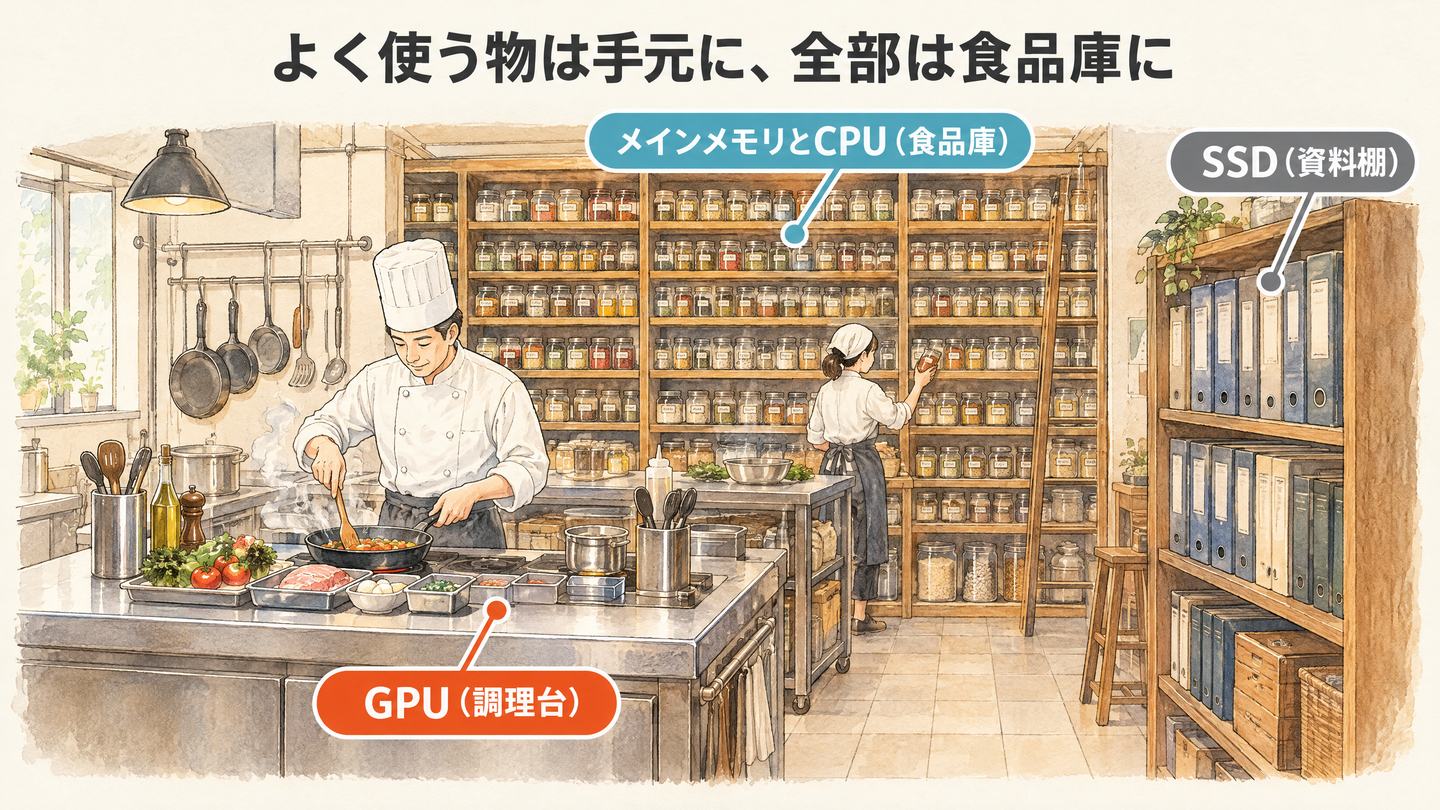厨房のイラスト。手前の調理台がGPU、奥の食品庫がメインメモリとCPU、横の資料棚がSSDを表している