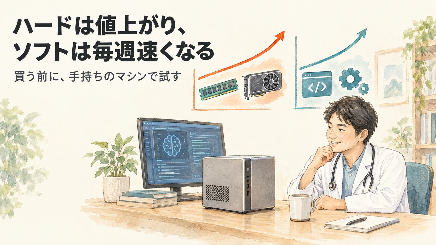 医師が小型のAIコンピュータの前でほほえみ、上にハードの値上がりとソフトの高速化を表す2本の右上がりの線があるイラスト