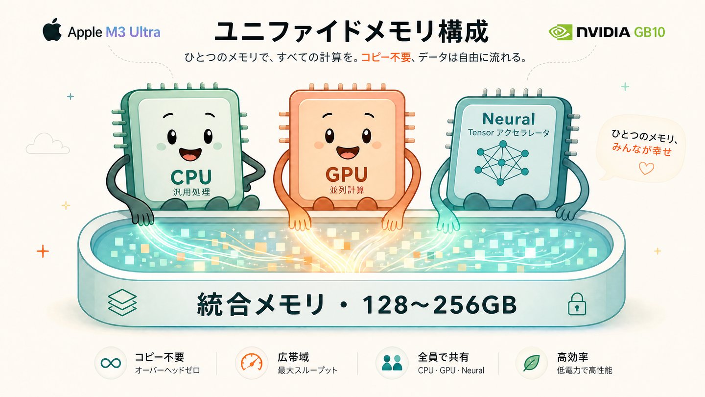 ユニファイドメモリアーキテクチャのイラスト：CPU・GPU・Neural Engineが同一メモリプールを共有する様子