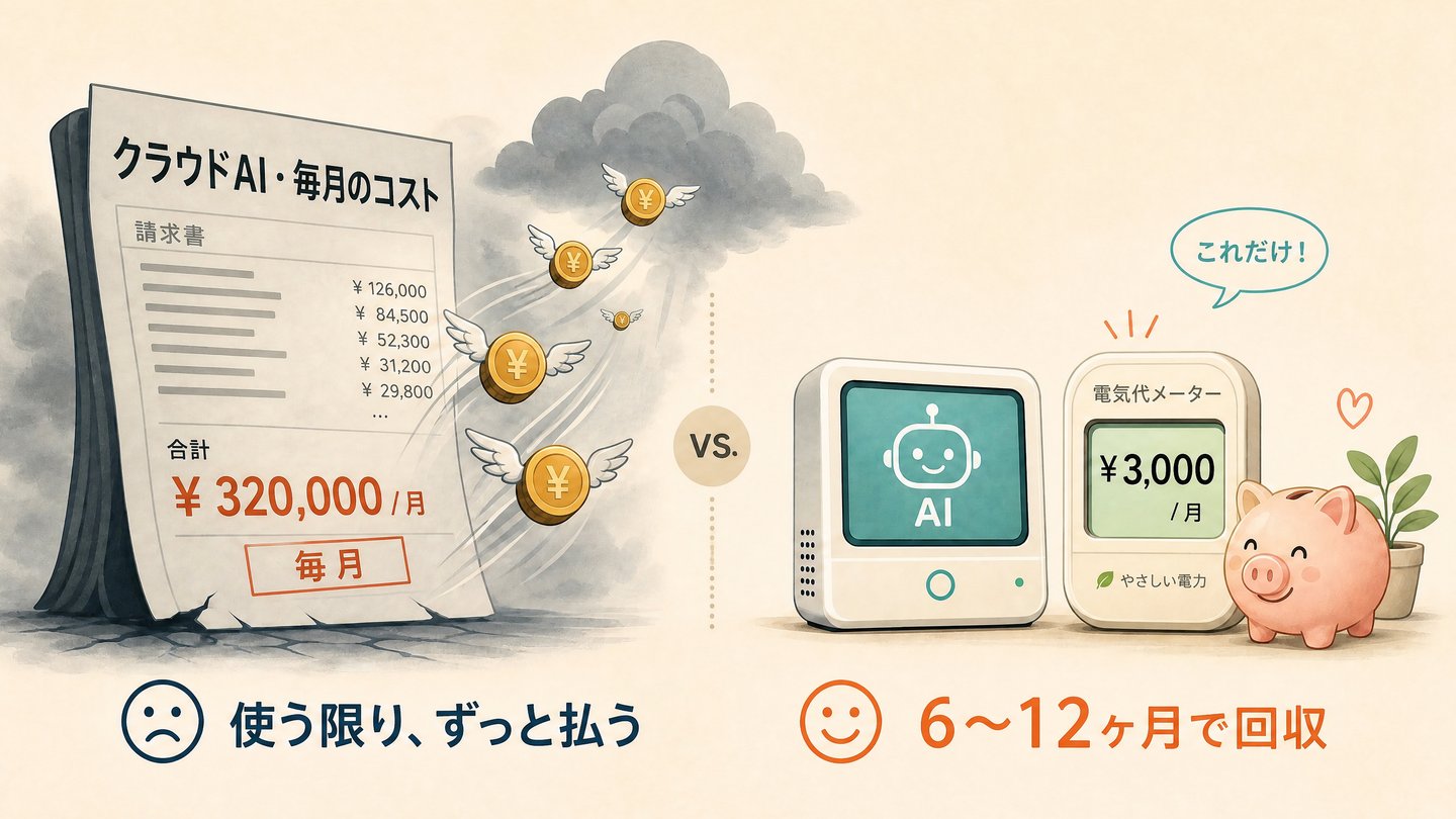 クラウドAI（毎月のコスト）とローカルLLM（月3,000円の電気代のみ）のコスト比較イラスト