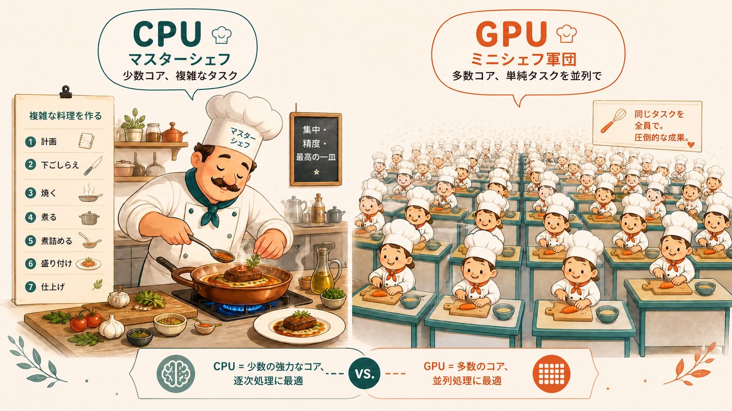 CPUとGPUの役割の違いを示すイラスト：1人のマスターシェフ（CPU）vs 大勢の小さな料理人（GPU）