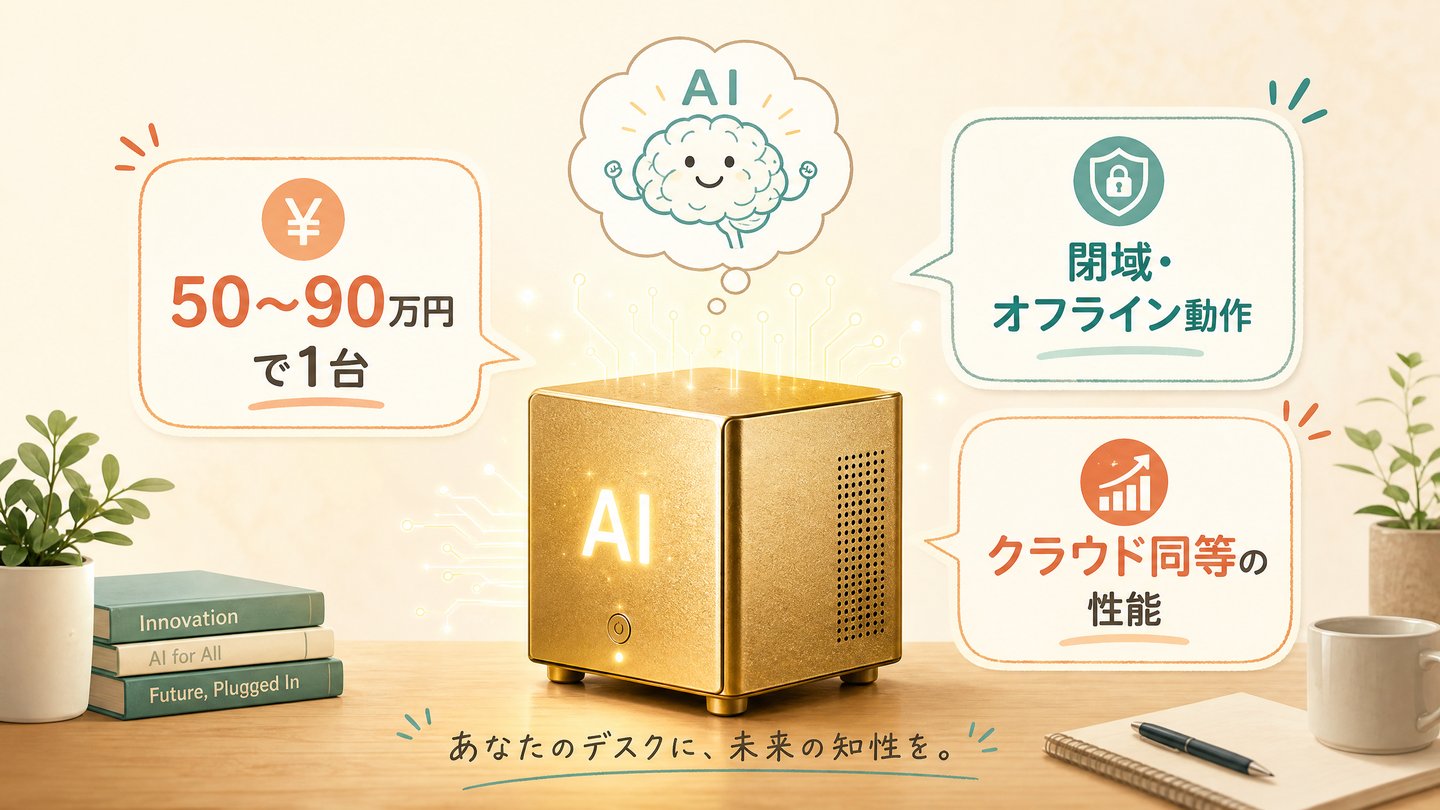 デスクの上に置かれたローカルAIマシンと「50〜90万円で1台」「閉域・オフライン動作」「クラウド同等の性能」というキーポイントのイラスト