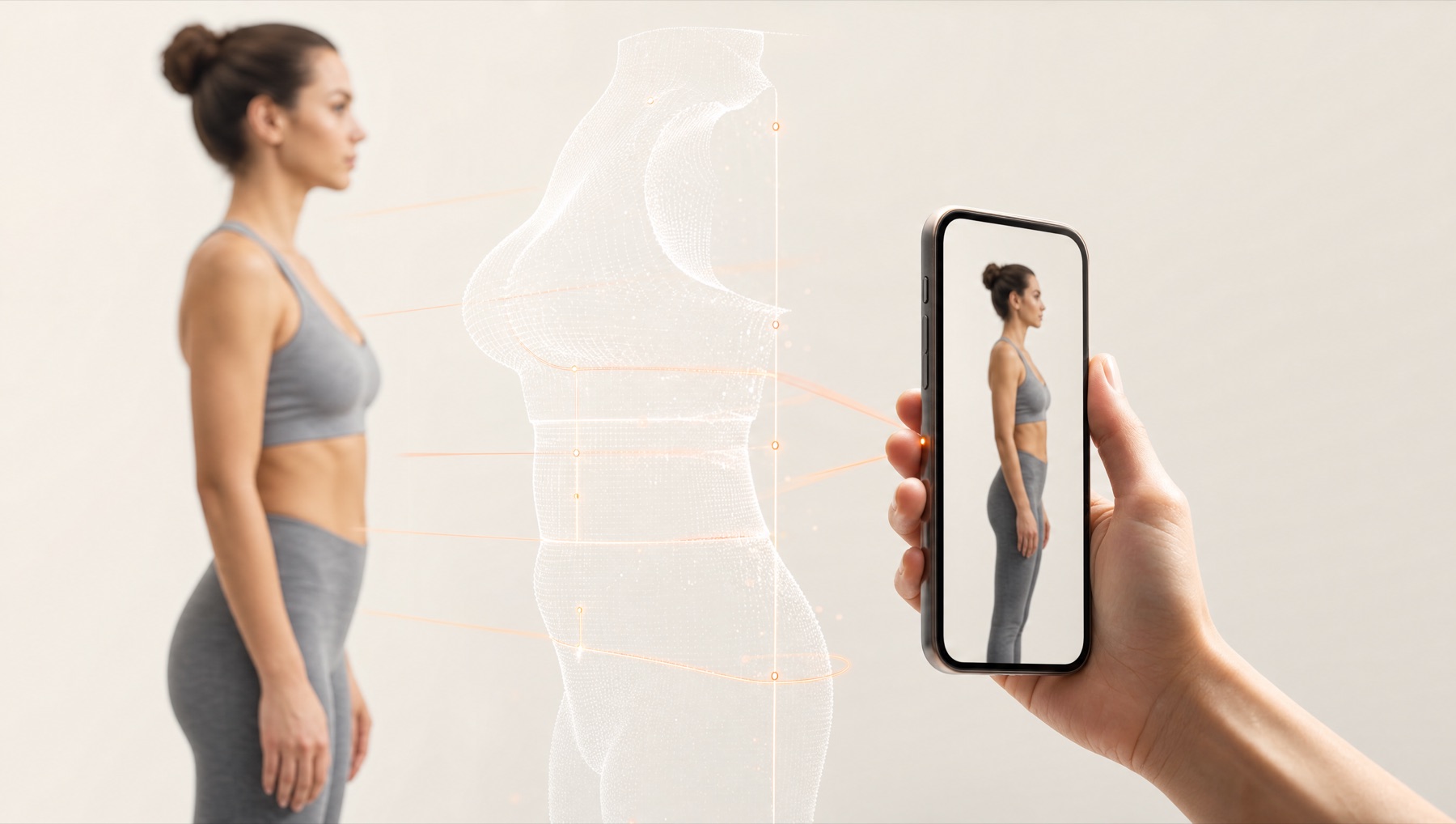 スマートフォンでの撮影から体幹の3次元形状を再構成するイメージ