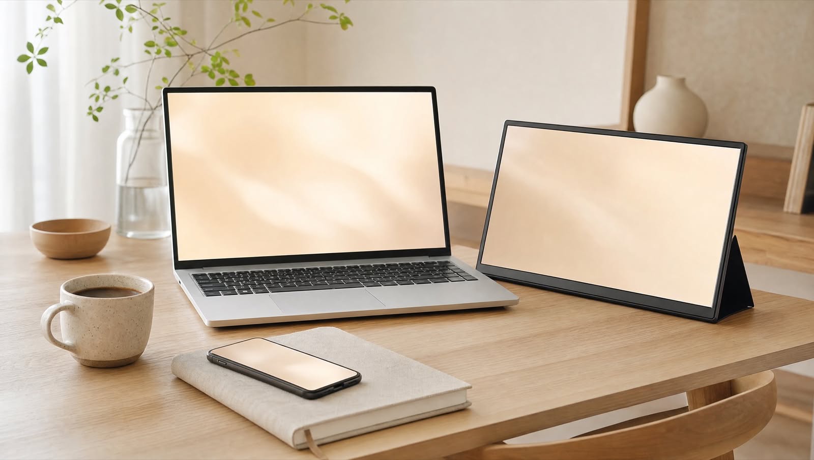デスクに並ぶノートPC、外部モニタ、スマートフォン。Windows・Mac・ブラウザのどこでも使えることを表すイメージ