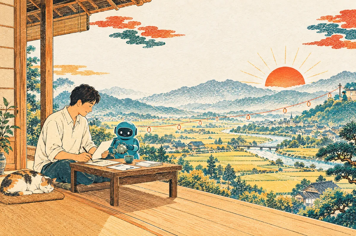 田園を見渡す縁側で、ひとりが机に向かい、ロボットがお茶を注いでいる版画
