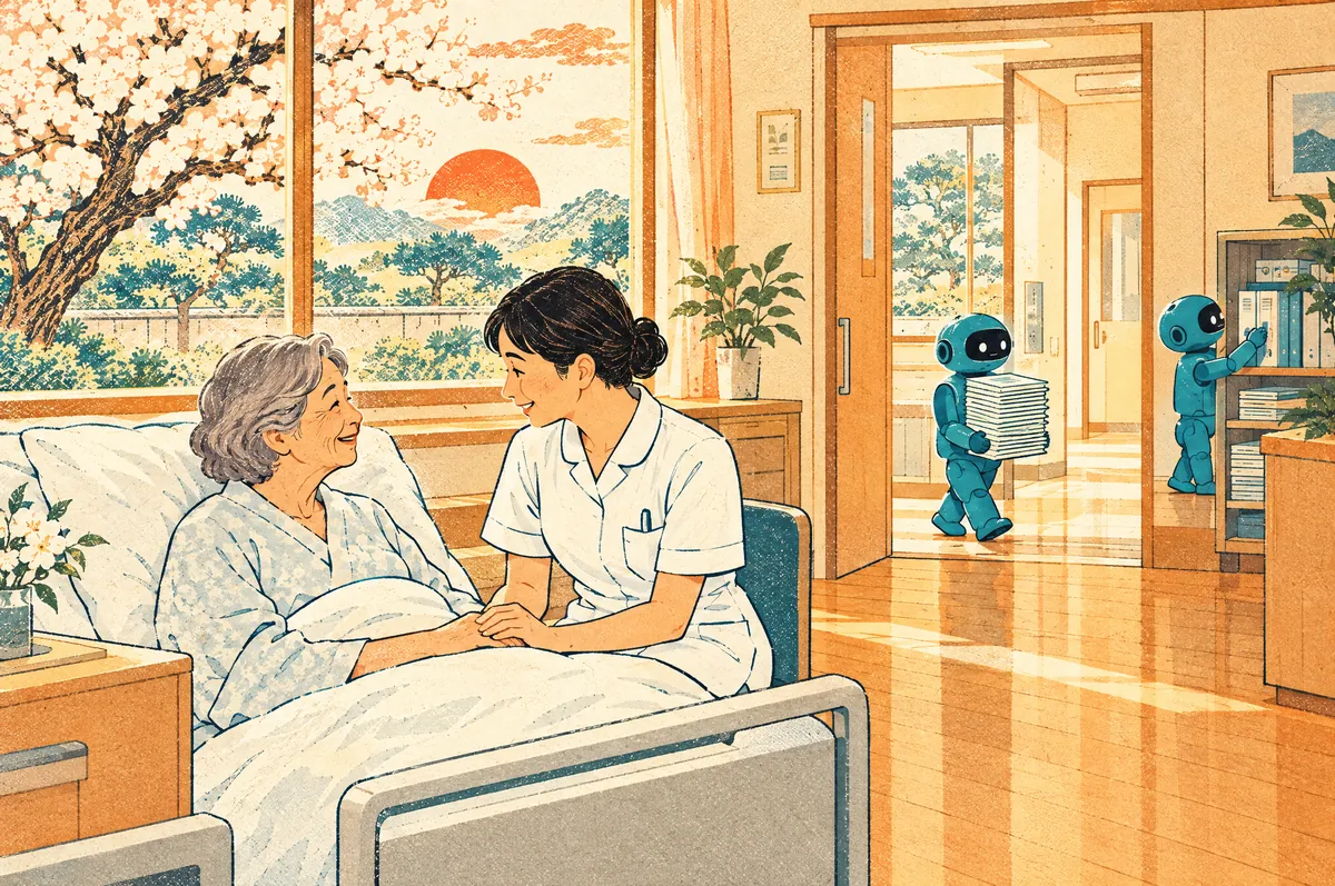 病室で看護師が患者の手を取って話し、ロボットが書類を運び出している版画