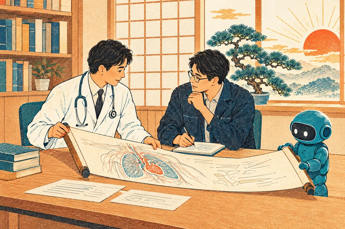 医師が人体の図の巻物を広げて説明し、エンジニアが聞き取っている版画