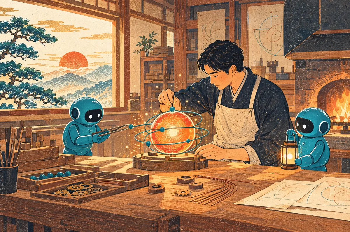 工房で、エンジニアとロボットが光る原子を手で組み立てている版画