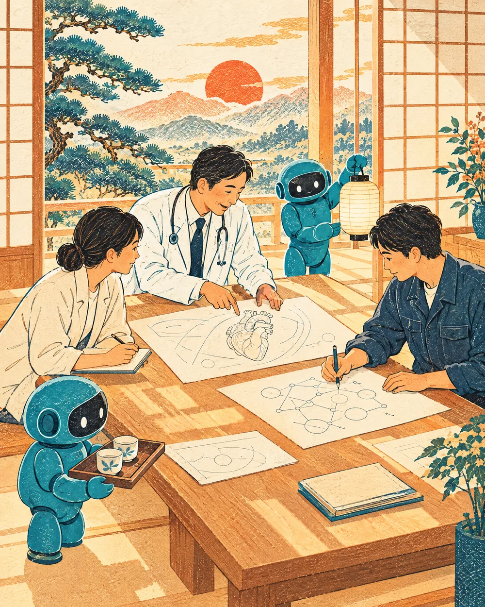 医師とエンジニアが机を囲んで図を描き、ロボットがお茶を運んでくる版画