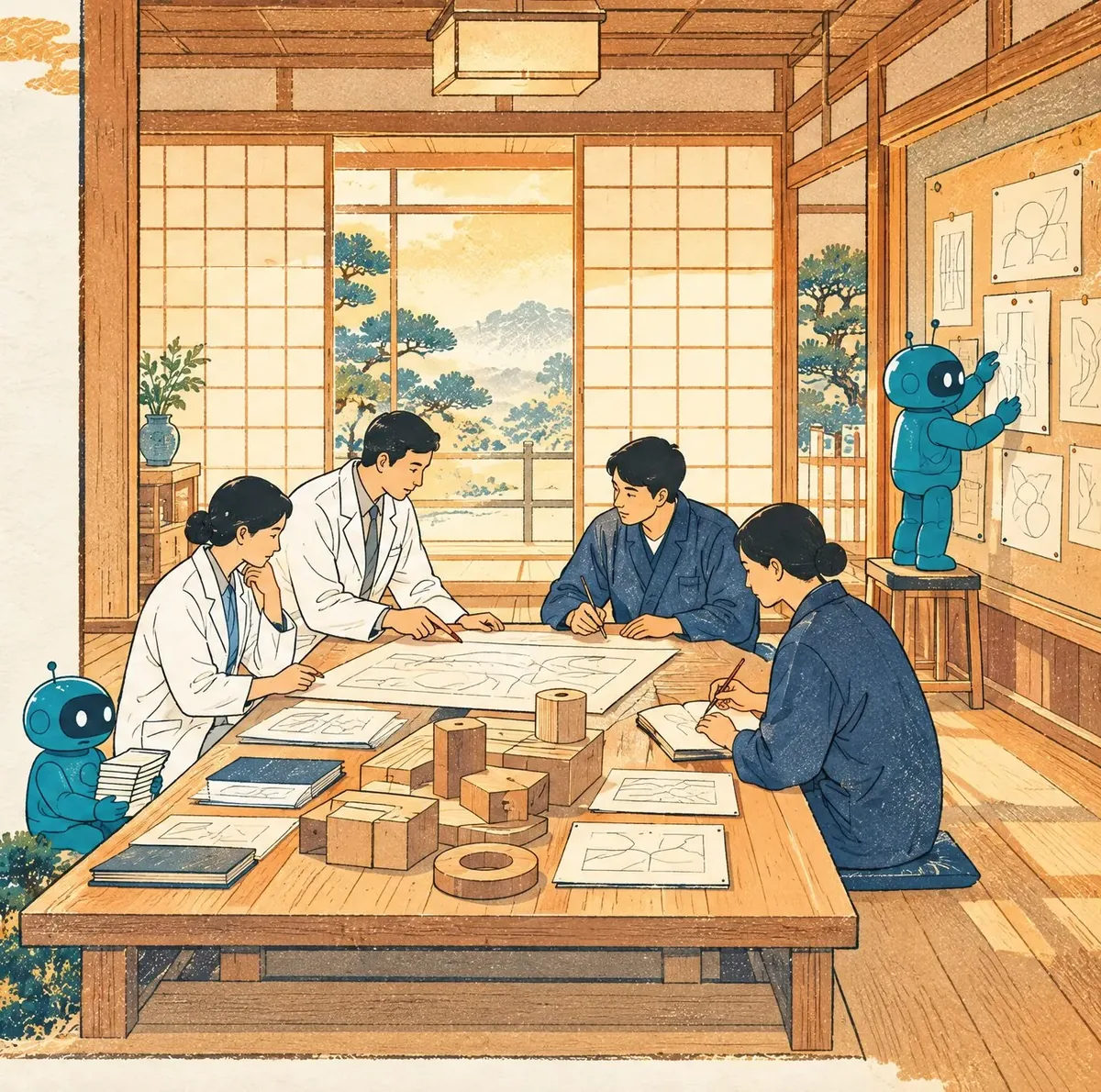 医師とエンジニアが大きな図面を囲んで話し合っている版画