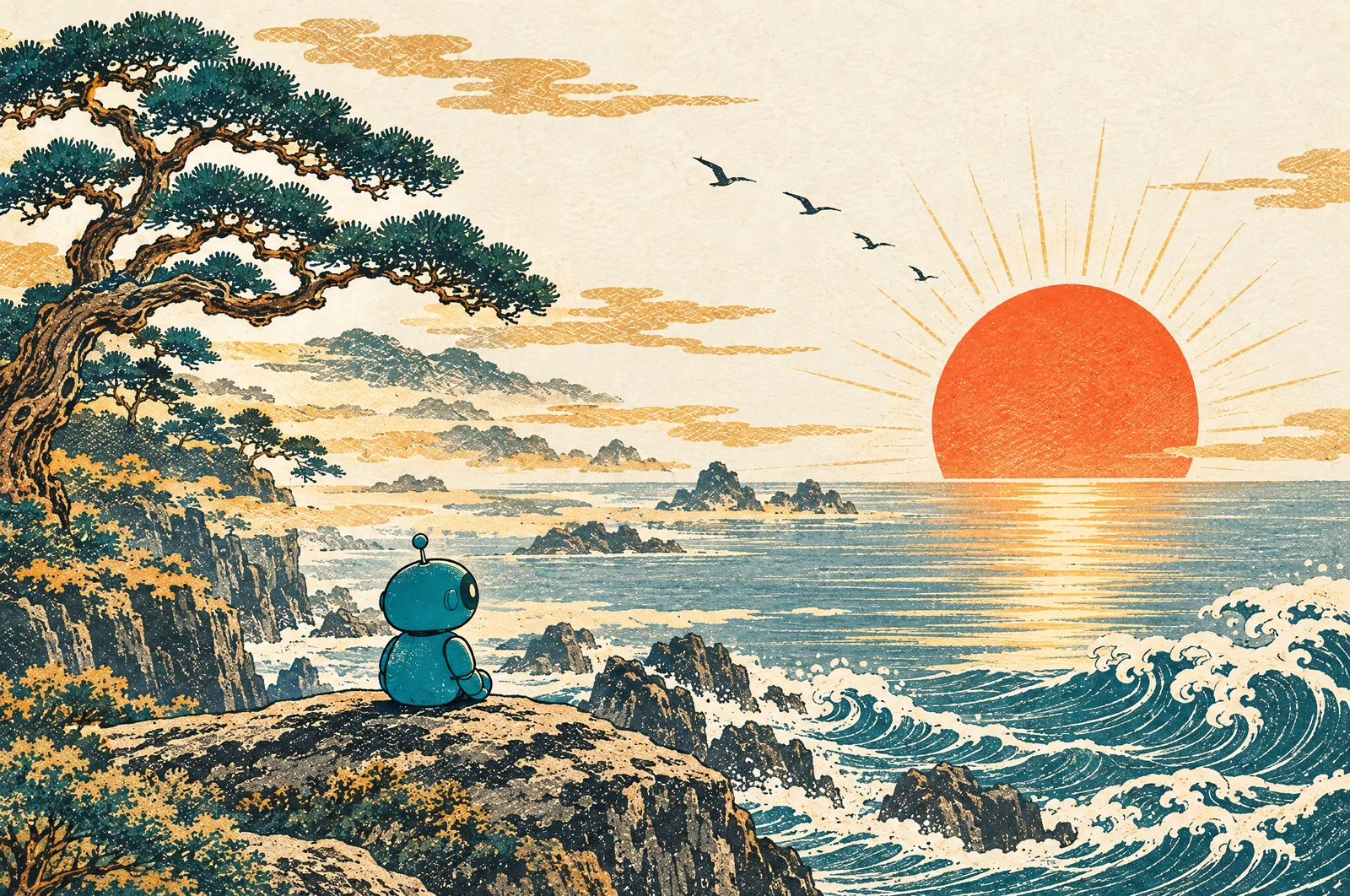 世界のはじまりの日の出を、岩の上のロボットが見ている版画